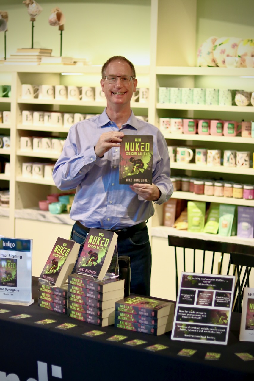 Mike Donoghue at his Indigo book signing for Who Nuked Silicon Valley?